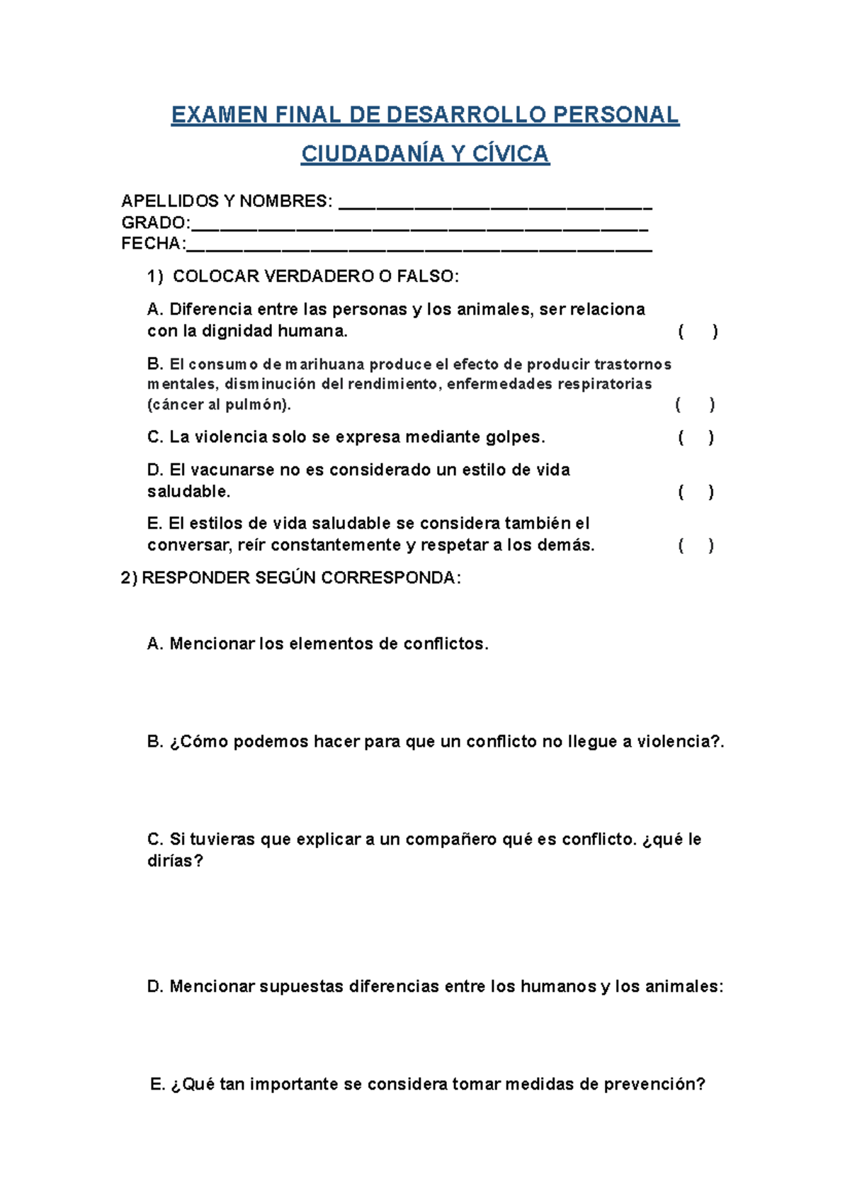 Examen Final DE Desarrollo Personal Ciudadanía Y Cívica - EXAMEN FINAL ...