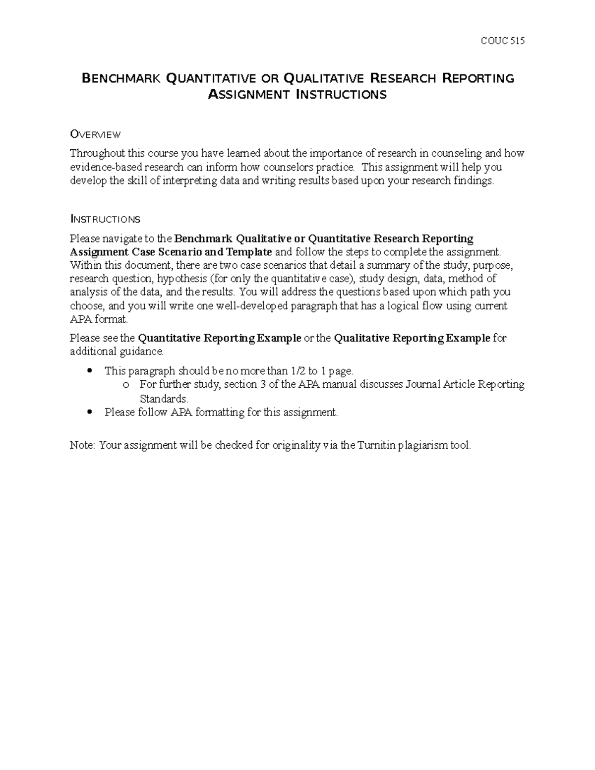 COUC 515 Benchmark Qualitative & Quantitative Research Report ...