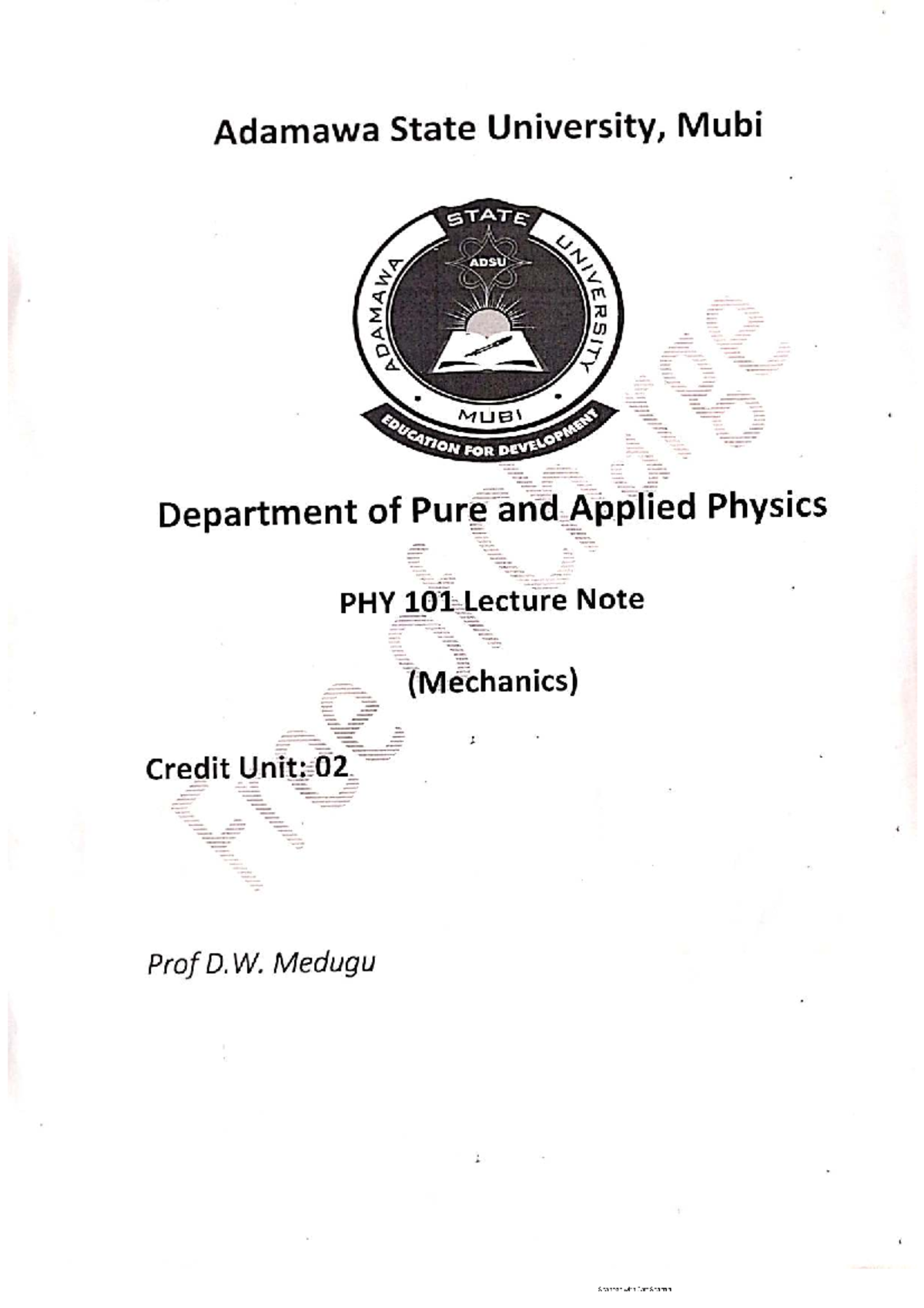 PHY 101 Lecture Notes: Mechanics and Fundamental Concepts - Studocu
