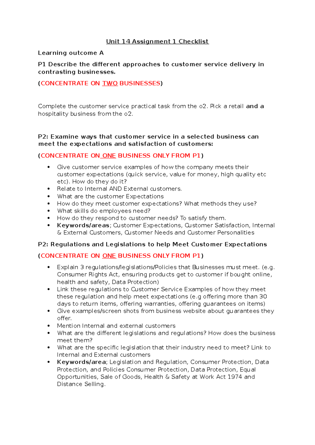 Unit 14 Assignment 1 Checklist: Customer Service Approaches ...
