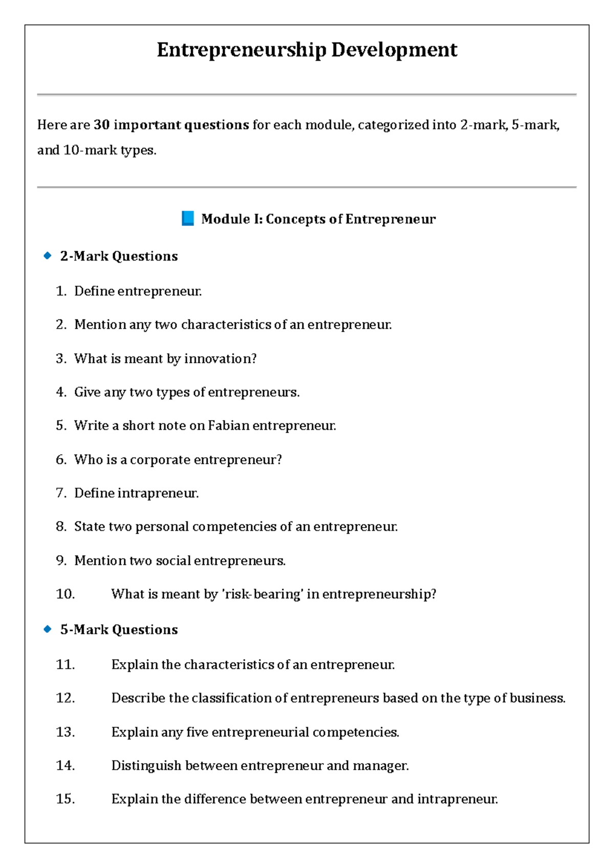 Entrepreneurship Development: 30 Key Questions by Module and Type - Studocu