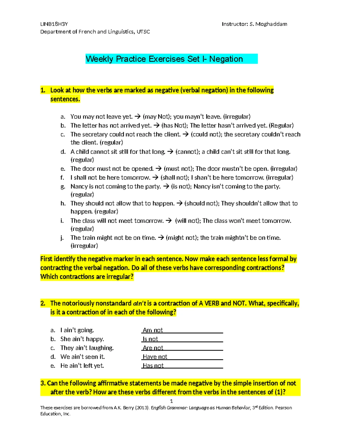 Weekly Practice Exercises on Negation - Set II (Dept. of Language ...