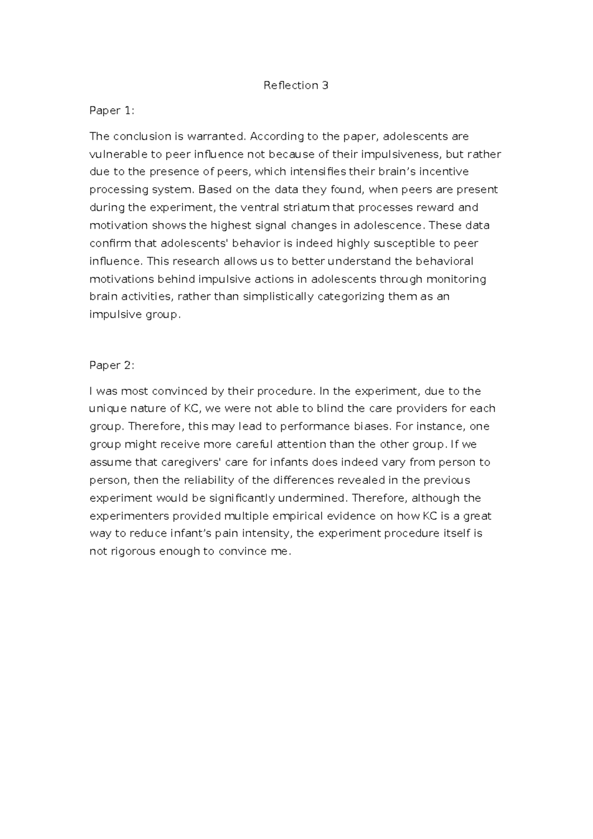 Reflection 3 Paper: Analyzing Peer Influence & Experiment Bias - Studocu