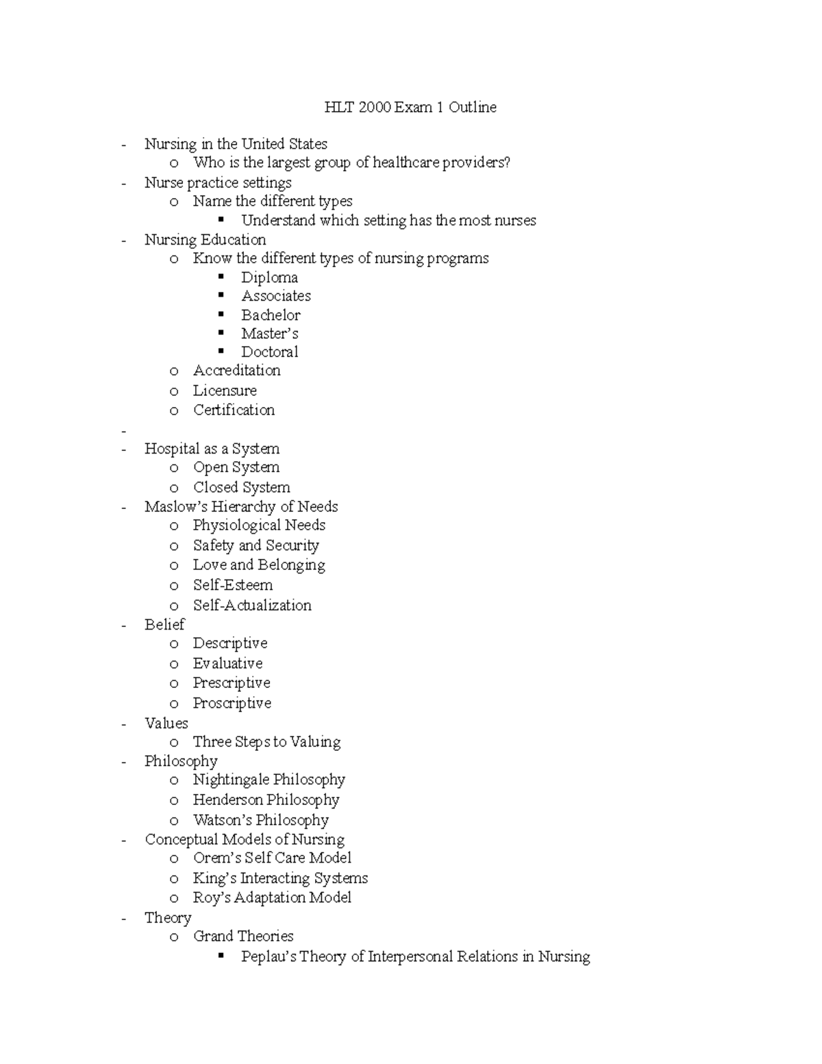 HLT 2000 Exam 1 Outline: Nursing Practice and Theories - Studocu
