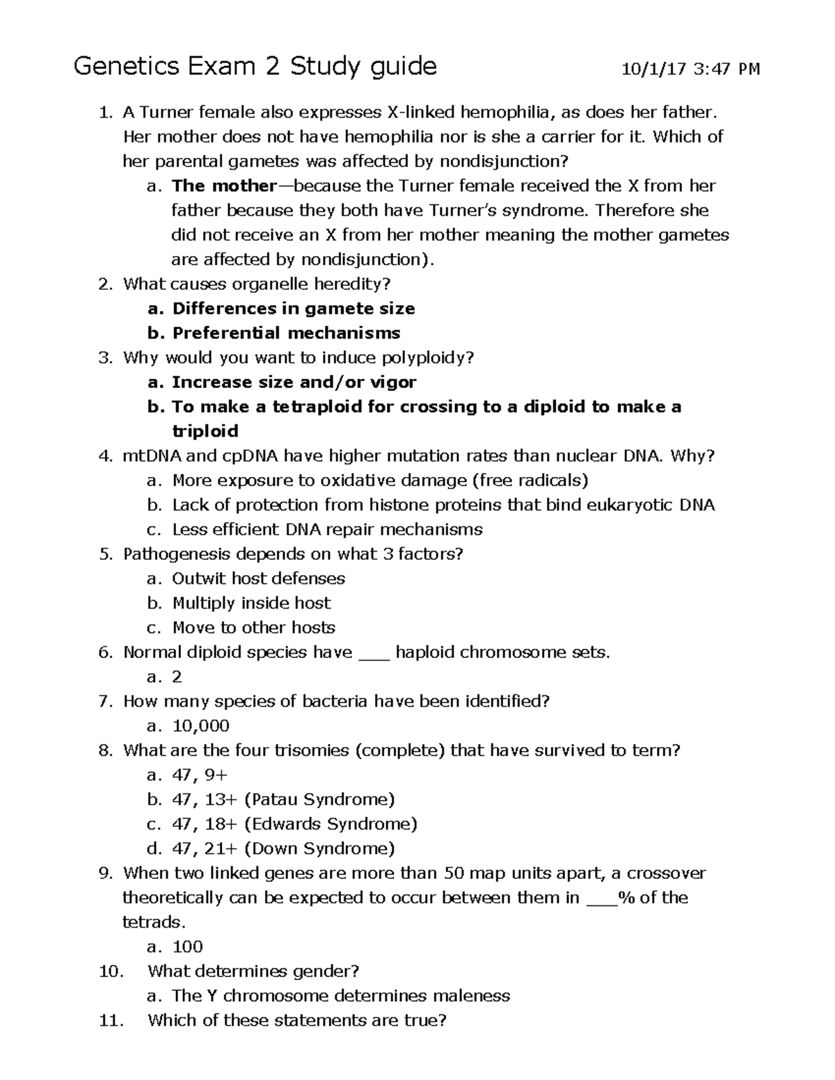 Genetics Exam 2 Practice Questions Study Guide - Studocu