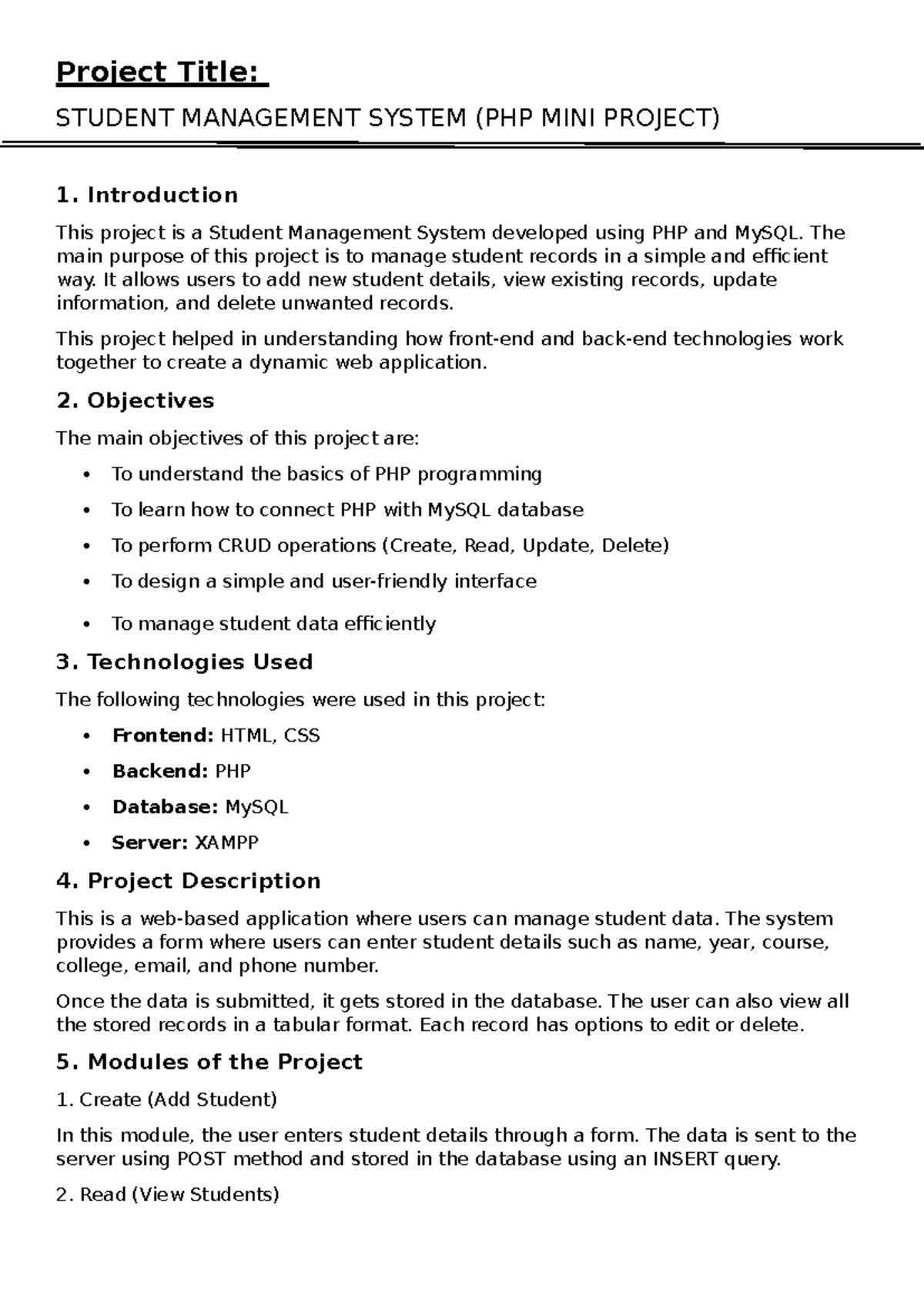 PHP Mini Project: Student Management System Overview and Features - Studocu