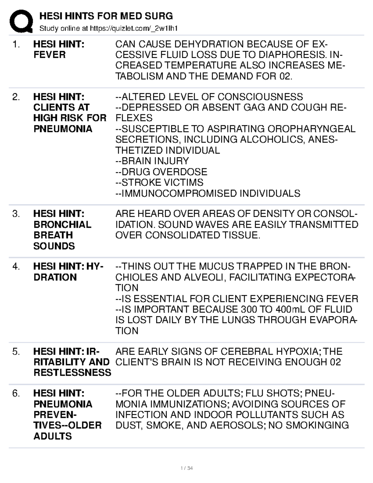 HESI Study Hints for Med Surg - Comprehensive Review and Tips - Studocu