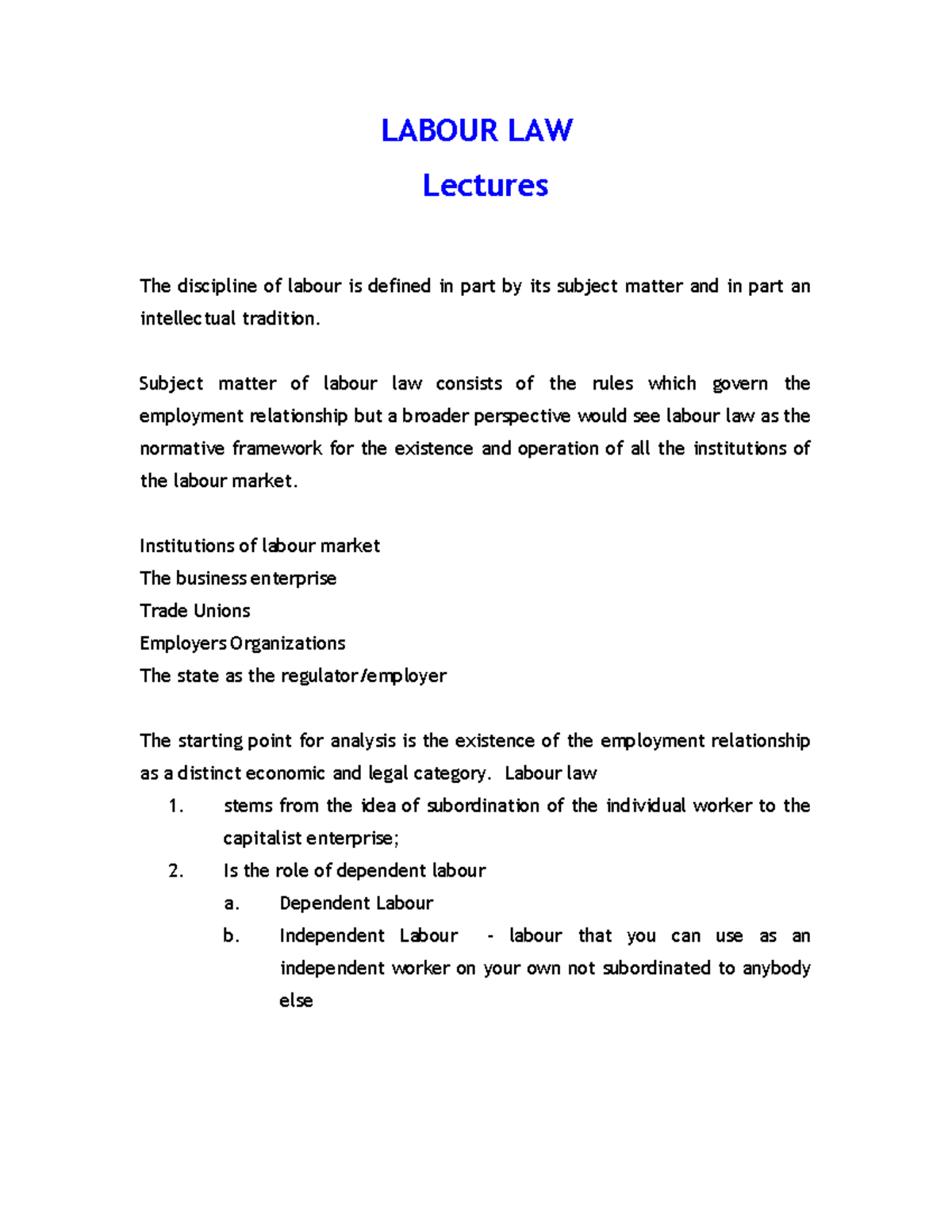 Labour Law Lecture Notes - Overview of Key Concepts and Institutions ...