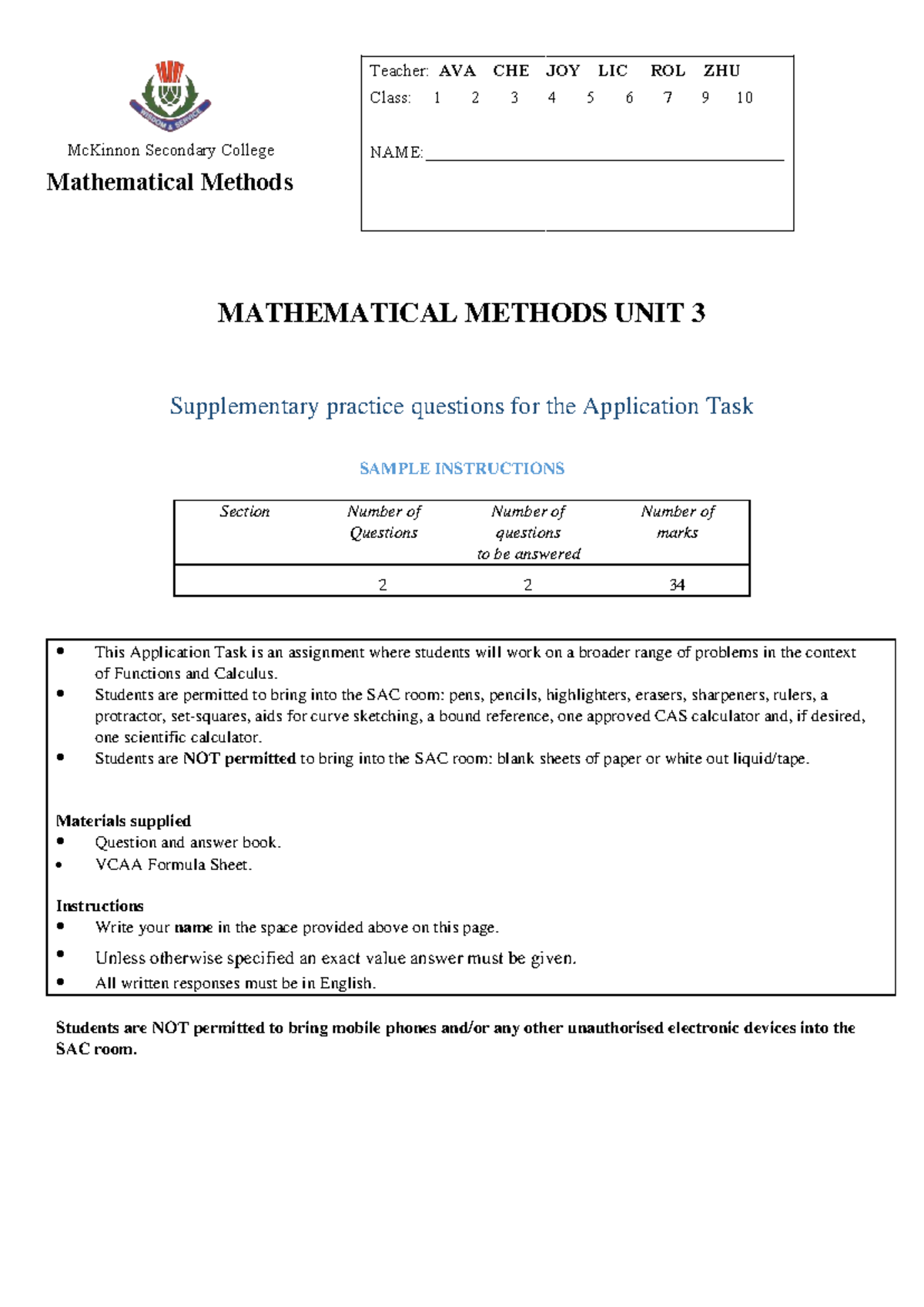 Mathematical Methods Unit 3 SAC - Supplementary Application Task ...