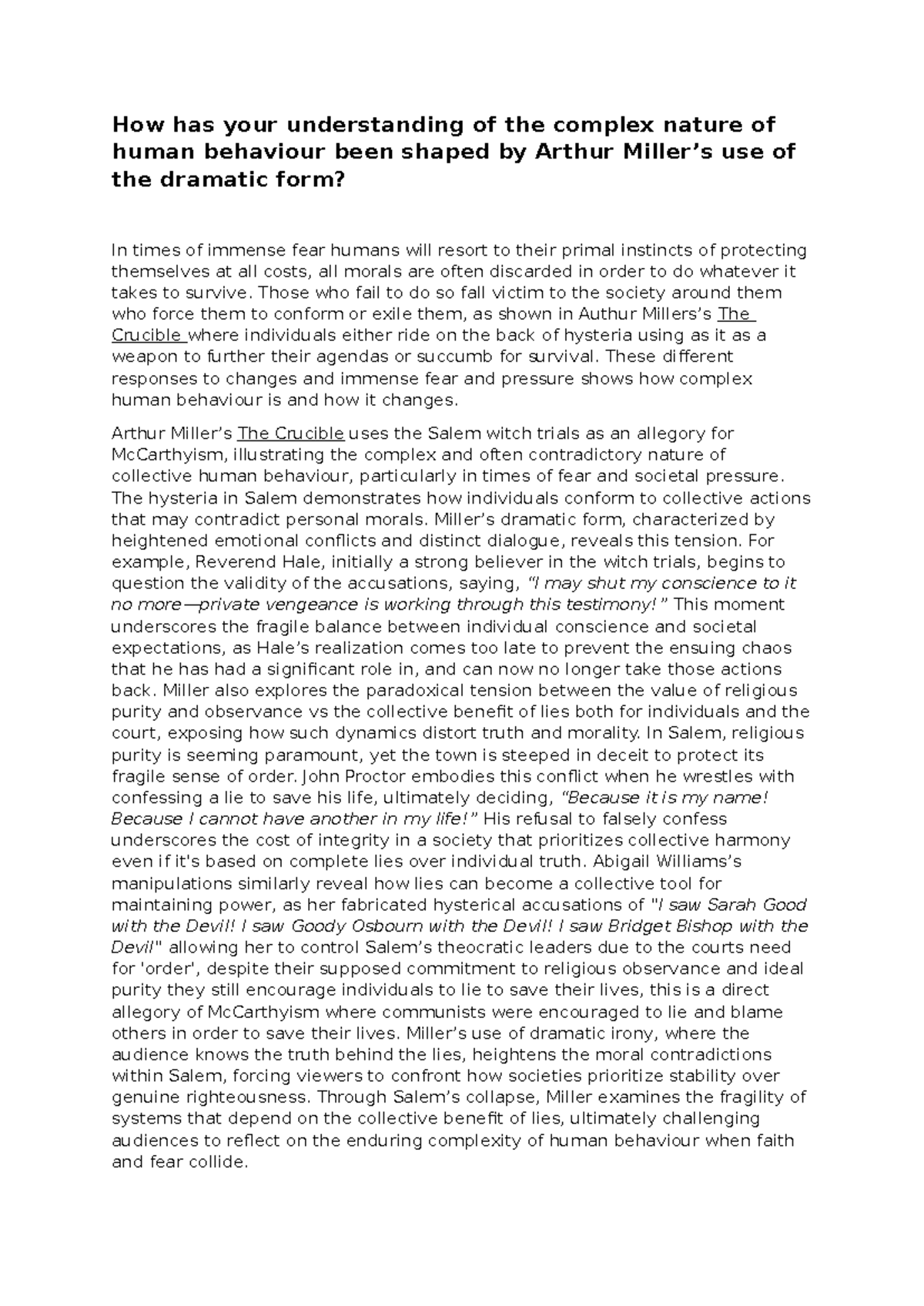 ENG101 - Analysis of Human Behavior in Miller's "The Crucible" Essay ...