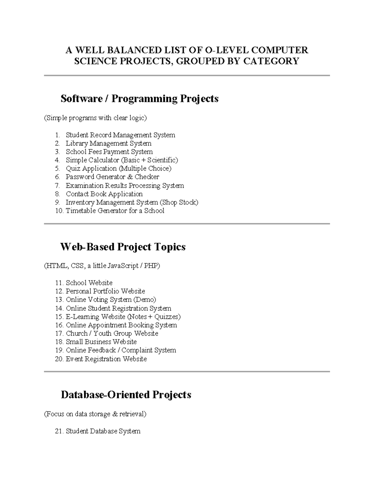 O Level Computer Science Projects: A Comprehensive List - Studocu