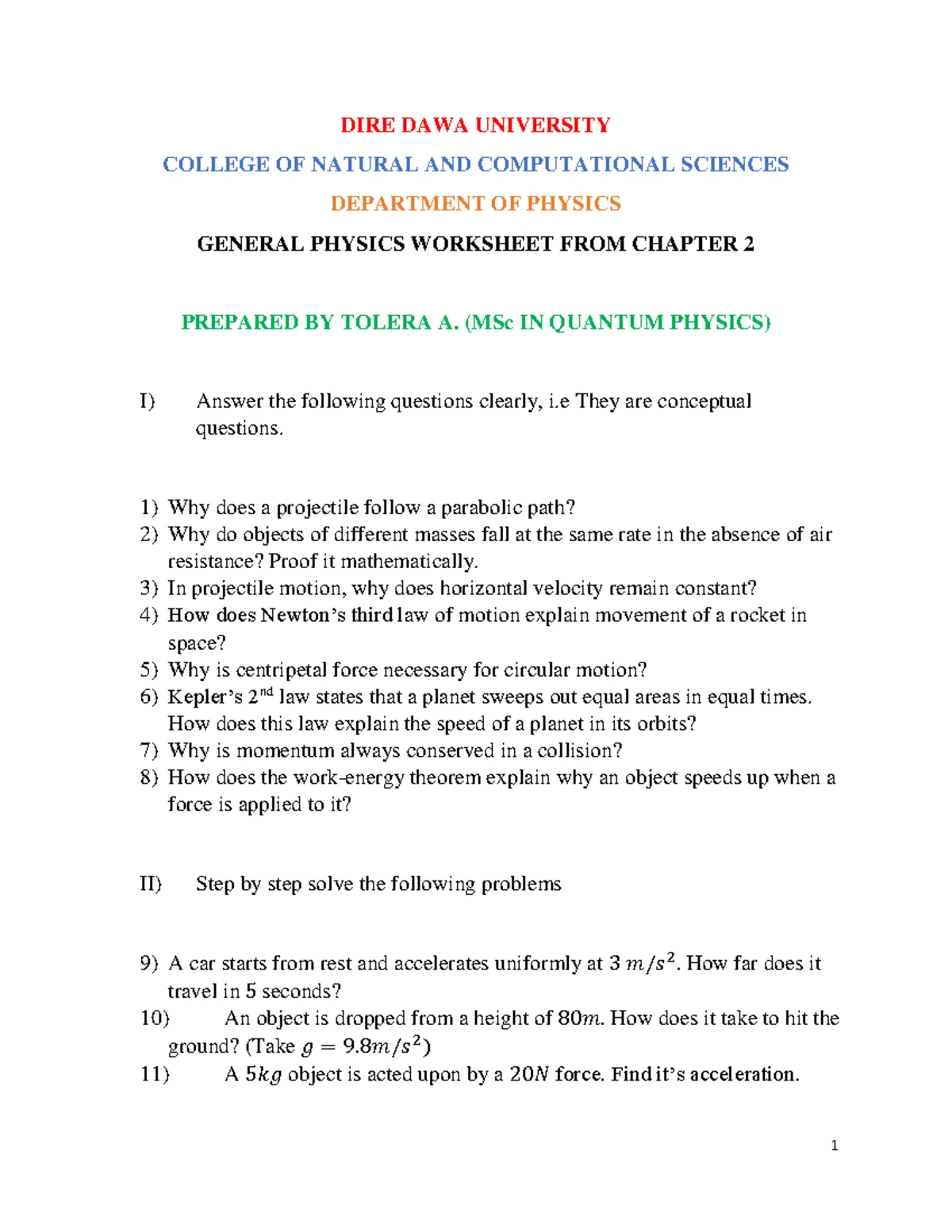 Worksheet I: General Physics (Phys 1011) Questions & Problems - Studocu