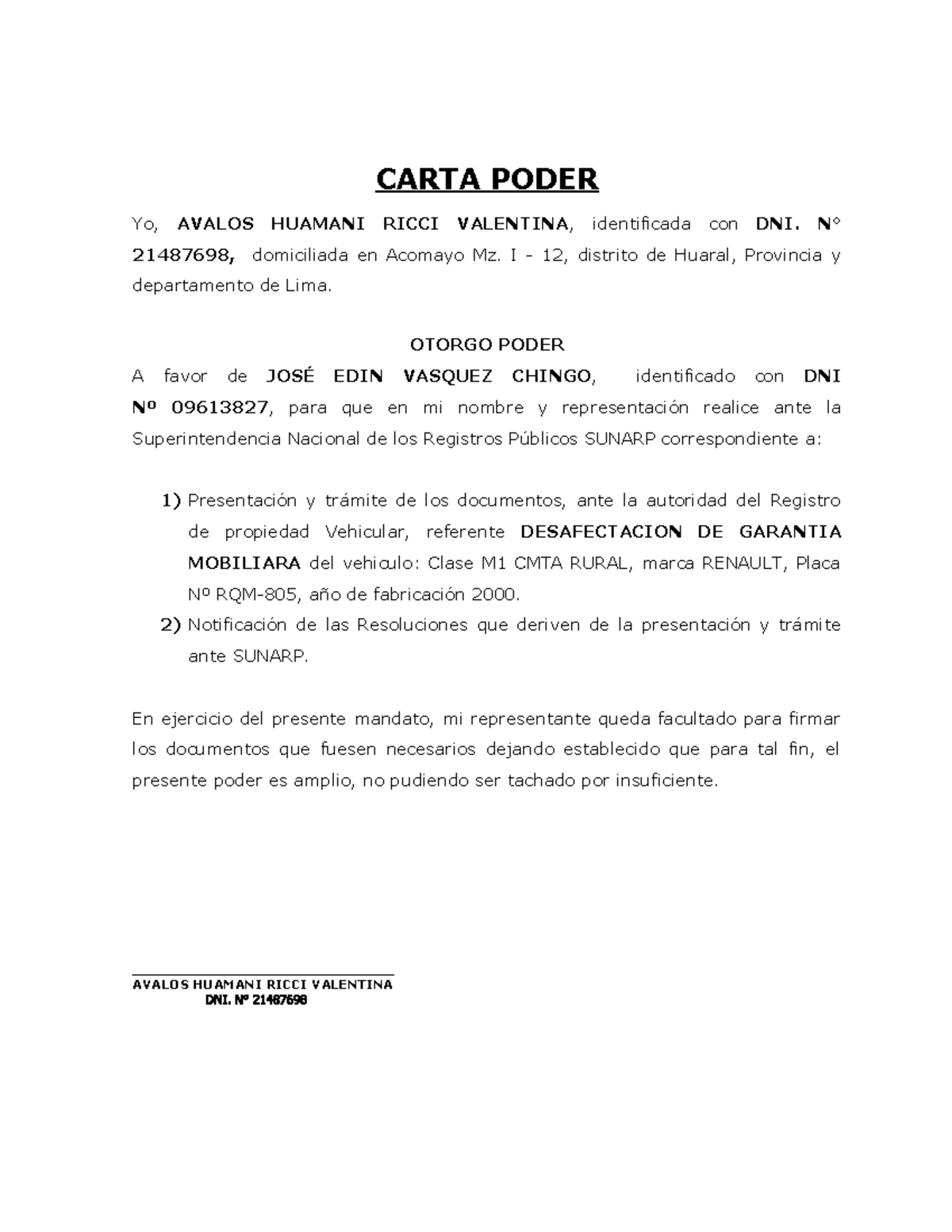 Modelo de Carta Poder - Trámites ante SUNARP y SUNAT - Document Preview