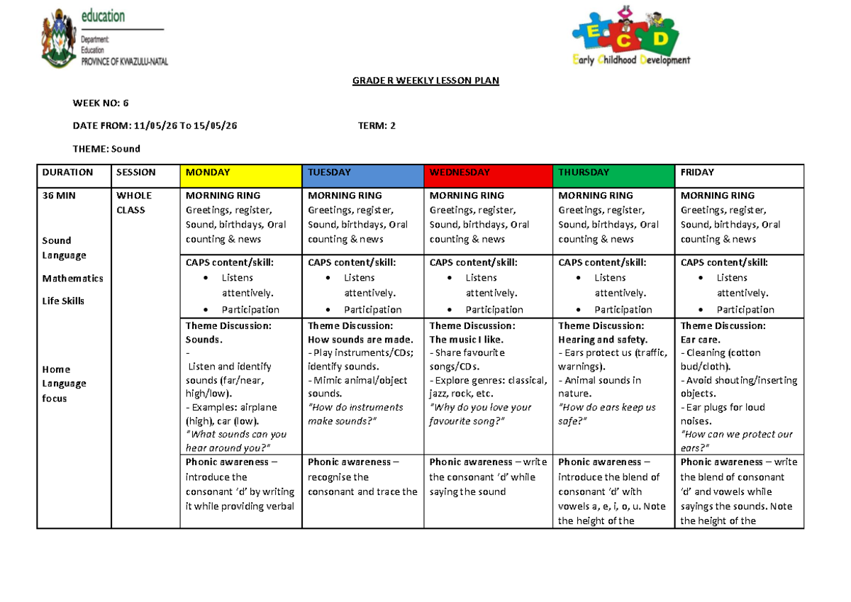 GRADE R TERM 2 WEEK 6 LESSON PLAN: Exploring Sounds - Studocu