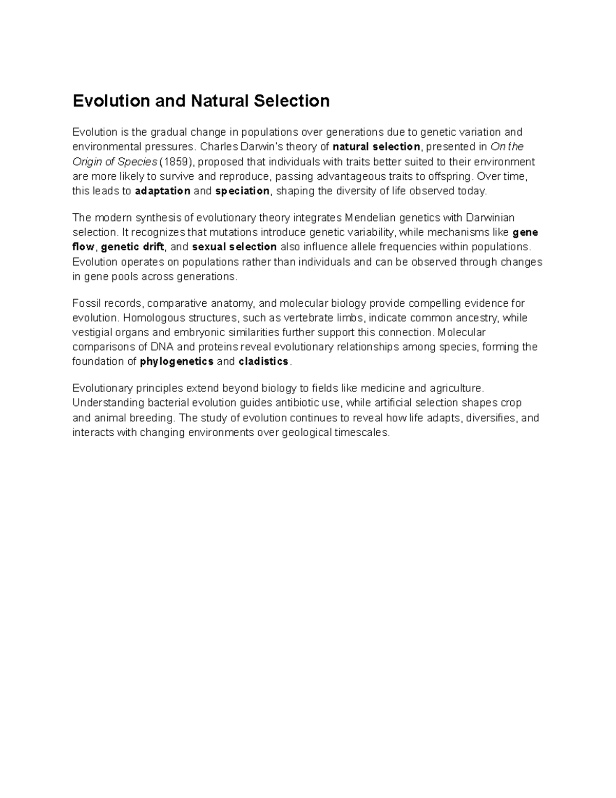 BIO101: Evolution and Natural Selection Overview and Key Concepts - Studocu