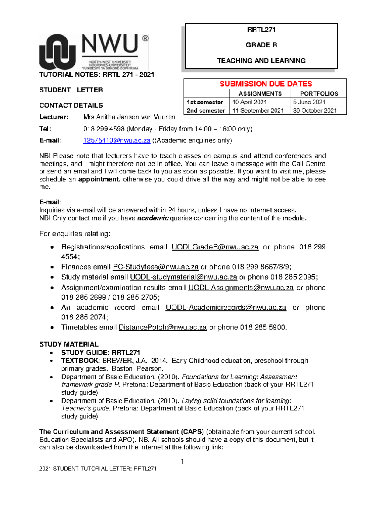 RRTL271 Tutorial Notes - Diploma in Grade R Teaching 2021 - Studocu