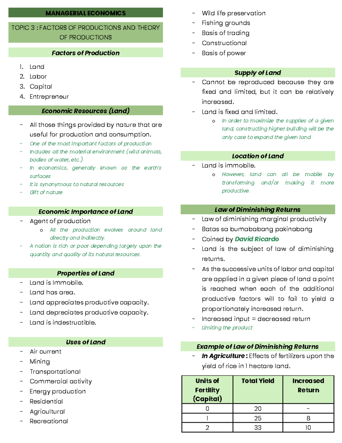 Managerial Economics (Midterms): Factors of Production & Theory - Studocu