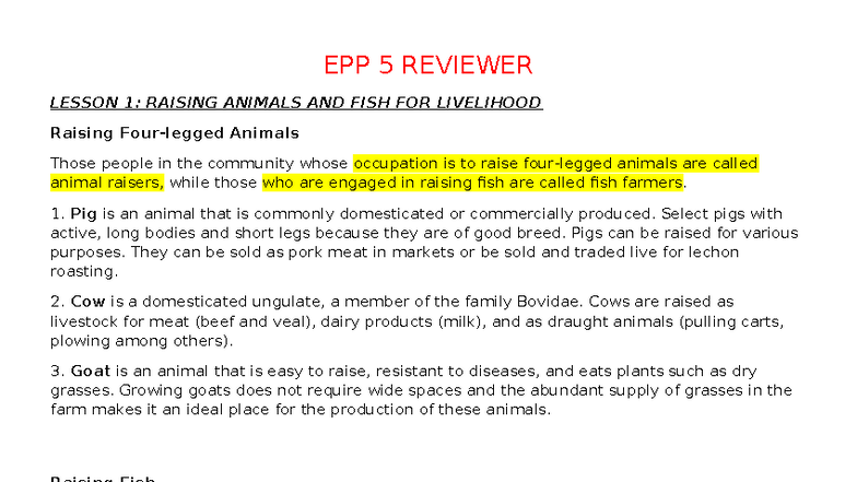 EPP 6 REVIEWER: LESSON 1 - RAISING ANIMALS & FISH FOR LIVELIHOOD - Studocu
