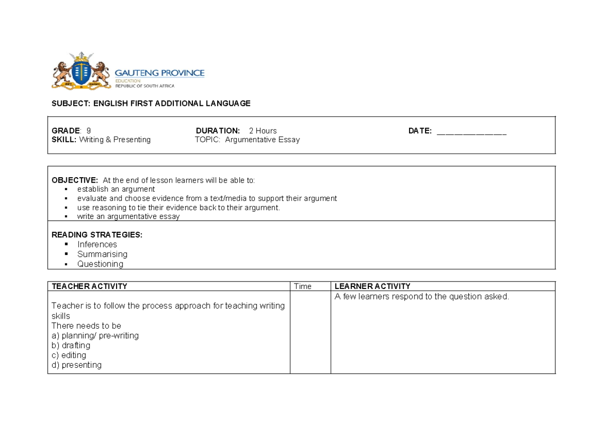 GR 9 ENG FAL - Argumentative Essay Lesson Plan Overview - Studocu