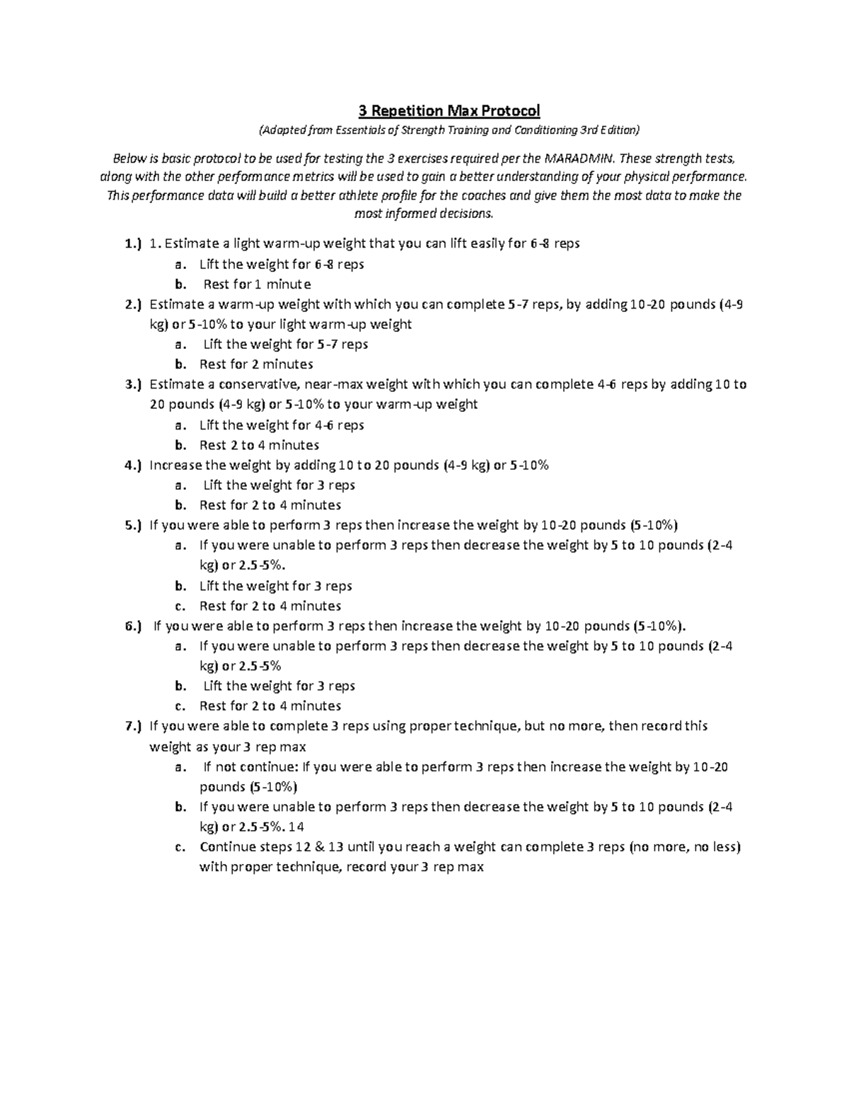 3RM Testing Protocol for Strength Training (Adapted from Essentials ...