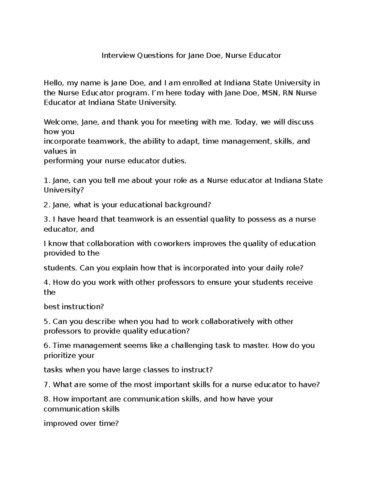 Interview Questions - I’m here today with Jane Doe, MSN, RN Nurse ...