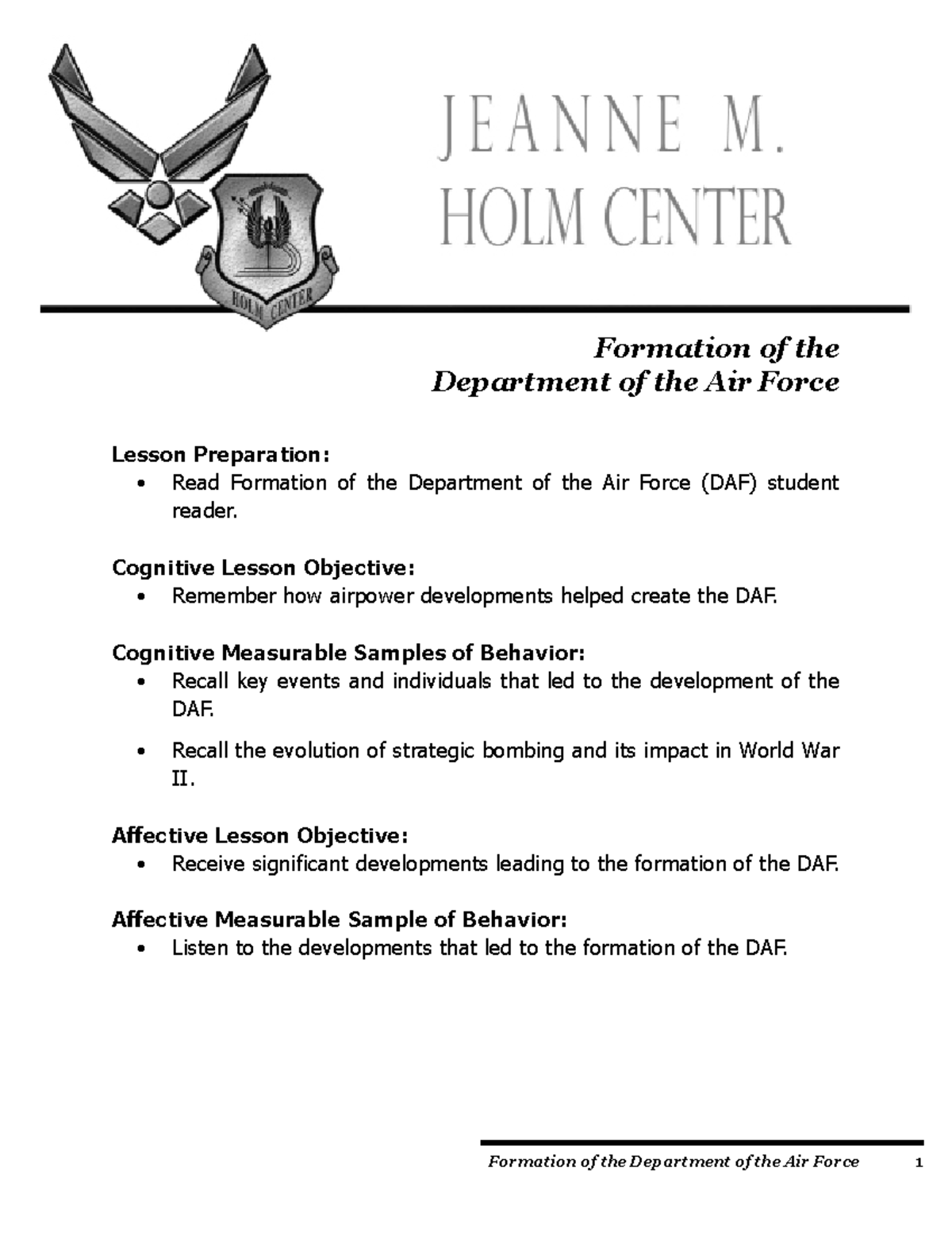 Formation of the Department of the Air Force: Historical Overview ...