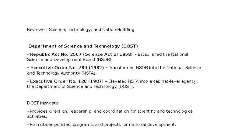 Sts Reviewer: Lecture Notes on DOST and Science Act of 1958 - Studocu