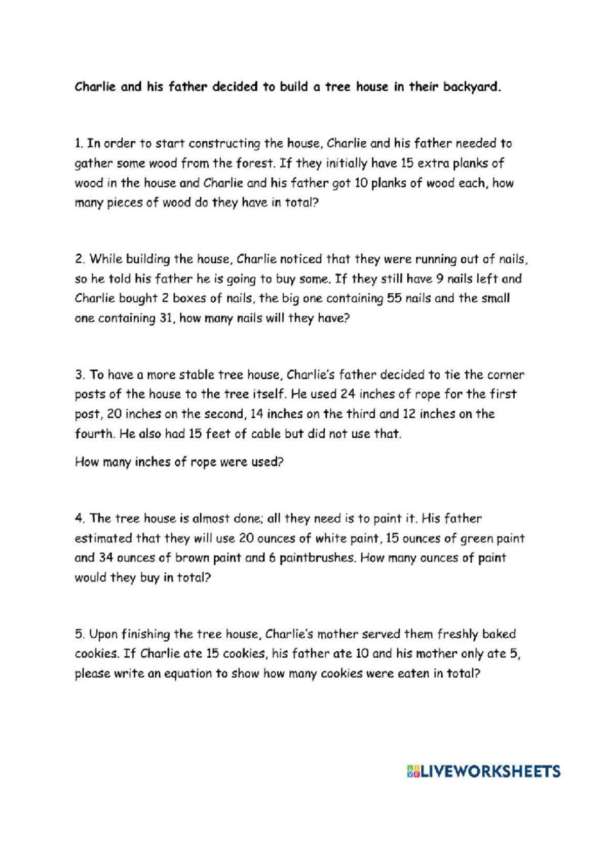 Worksheet 1789598 - Tree House Construction Math Problems - Studocu