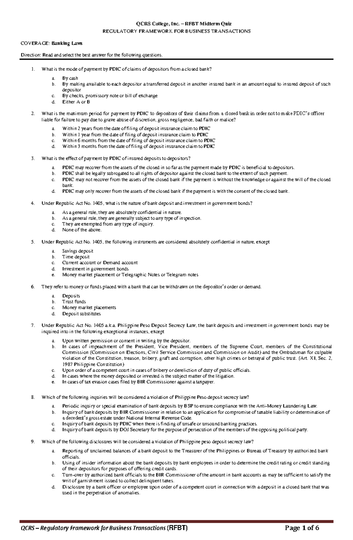RFBT Banking Laws Midterm Quiz with Coverage and Key Concepts - Studocu