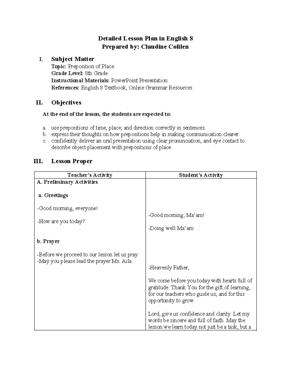 Detailed Lesson Plan in English 8: Prepositions of Place - Studocu