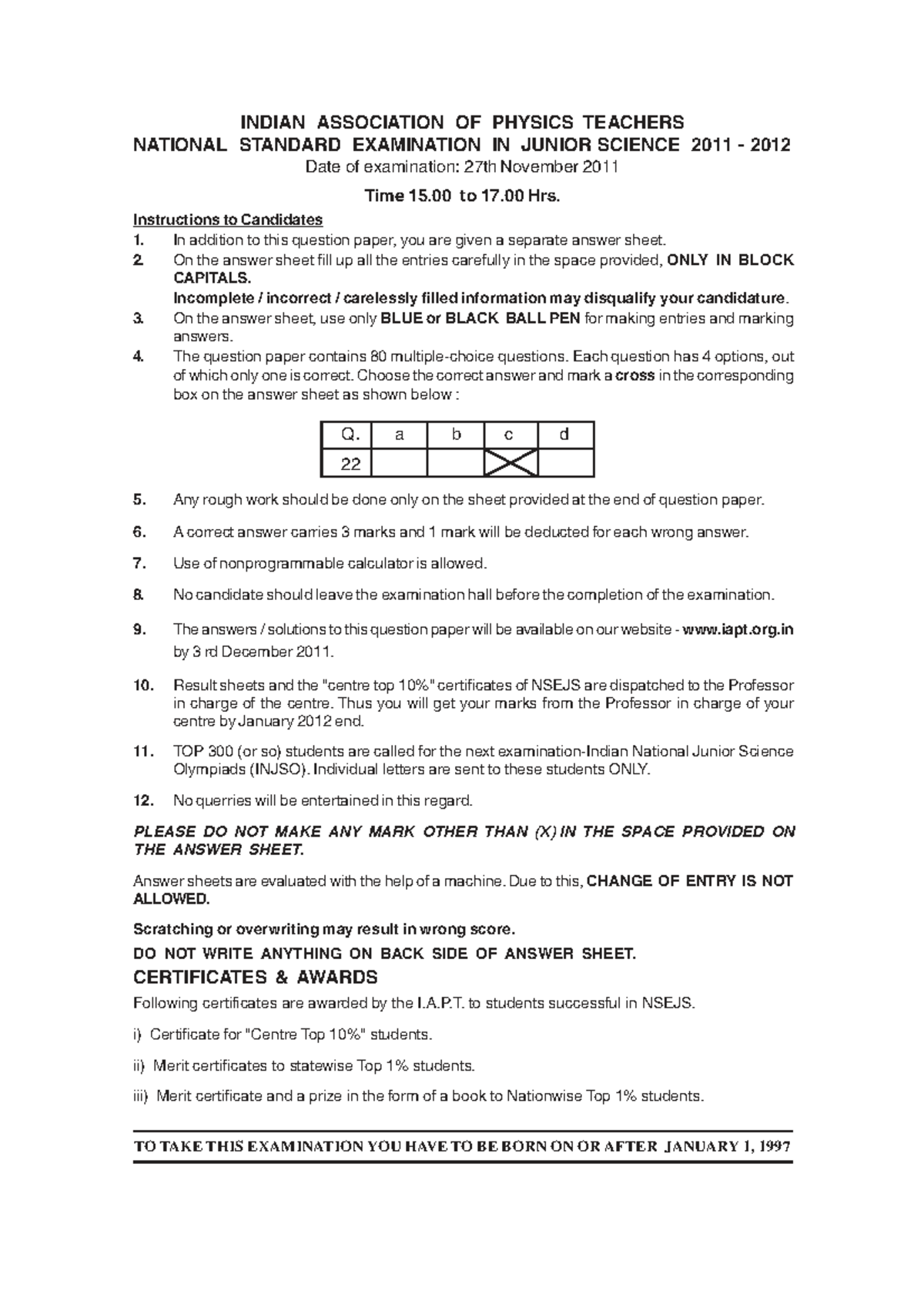 NSEJS 2011-2012 Question Paper & Solutions Guide - Studocu