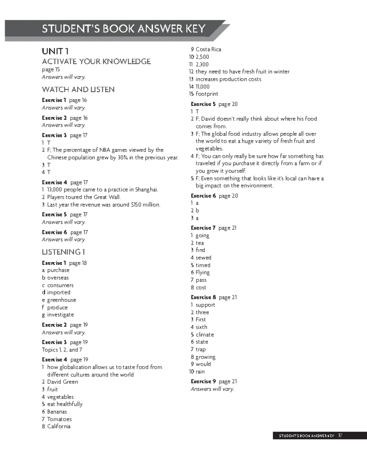 Prism 3 answer key - STUDENT’S BOOK ANSWER KEY Exercise 4 page 20 ...