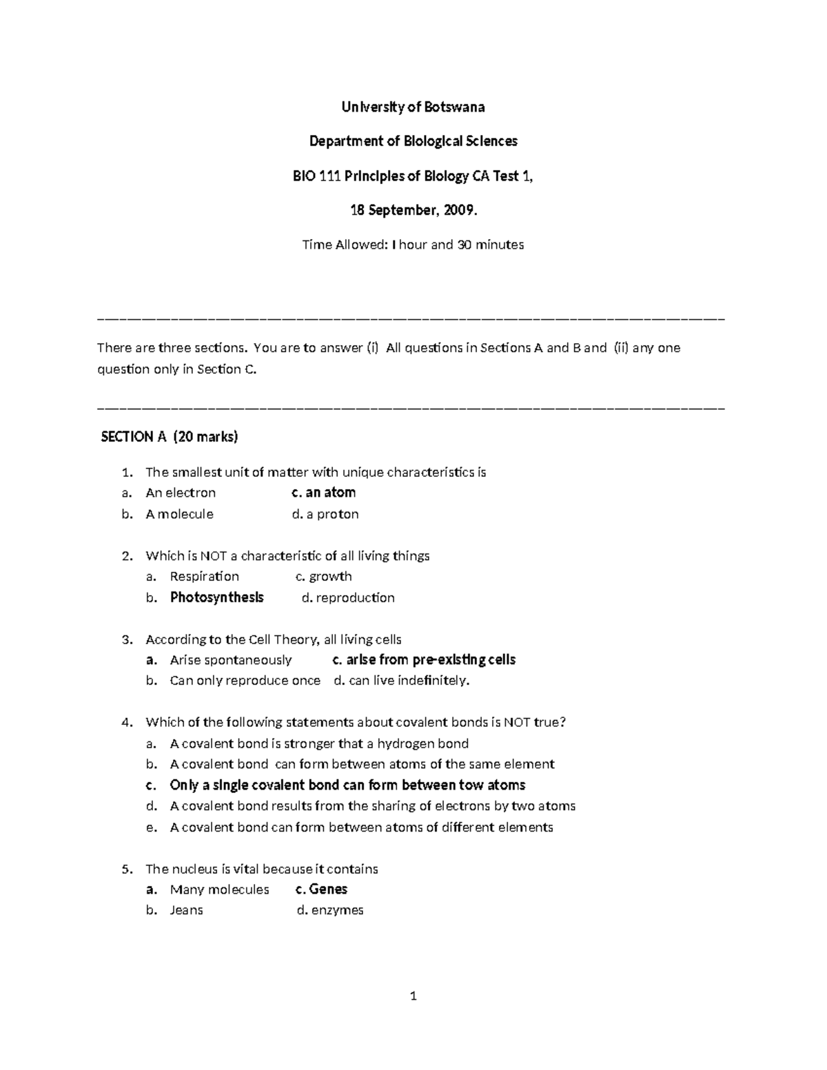 BIO 111 Principles of Biology Test 1 - Structure & Properties of Water ...