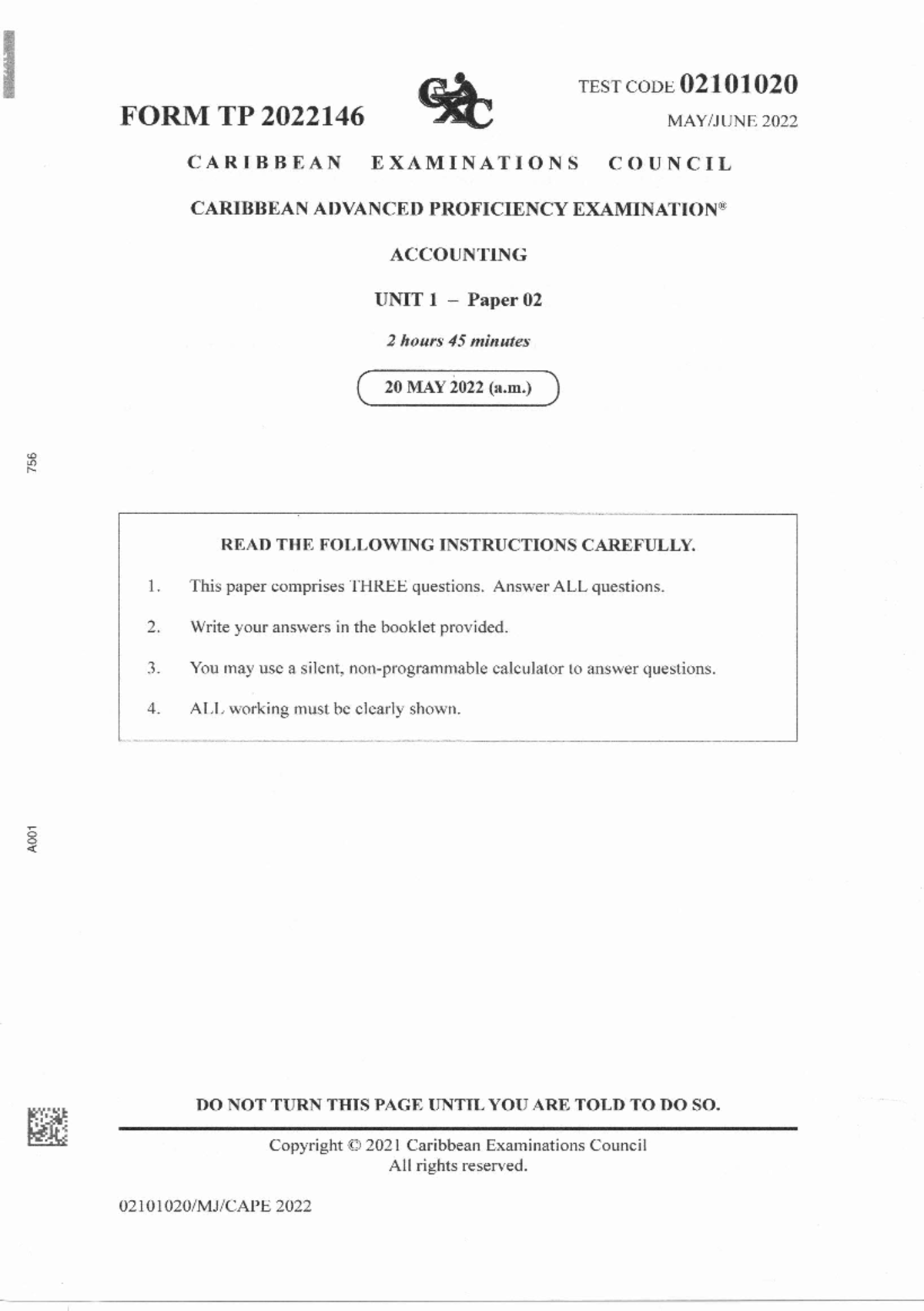 CAPE Accounting 2022 Unit 1 Paper 02 Exam Instructions and Questions ...