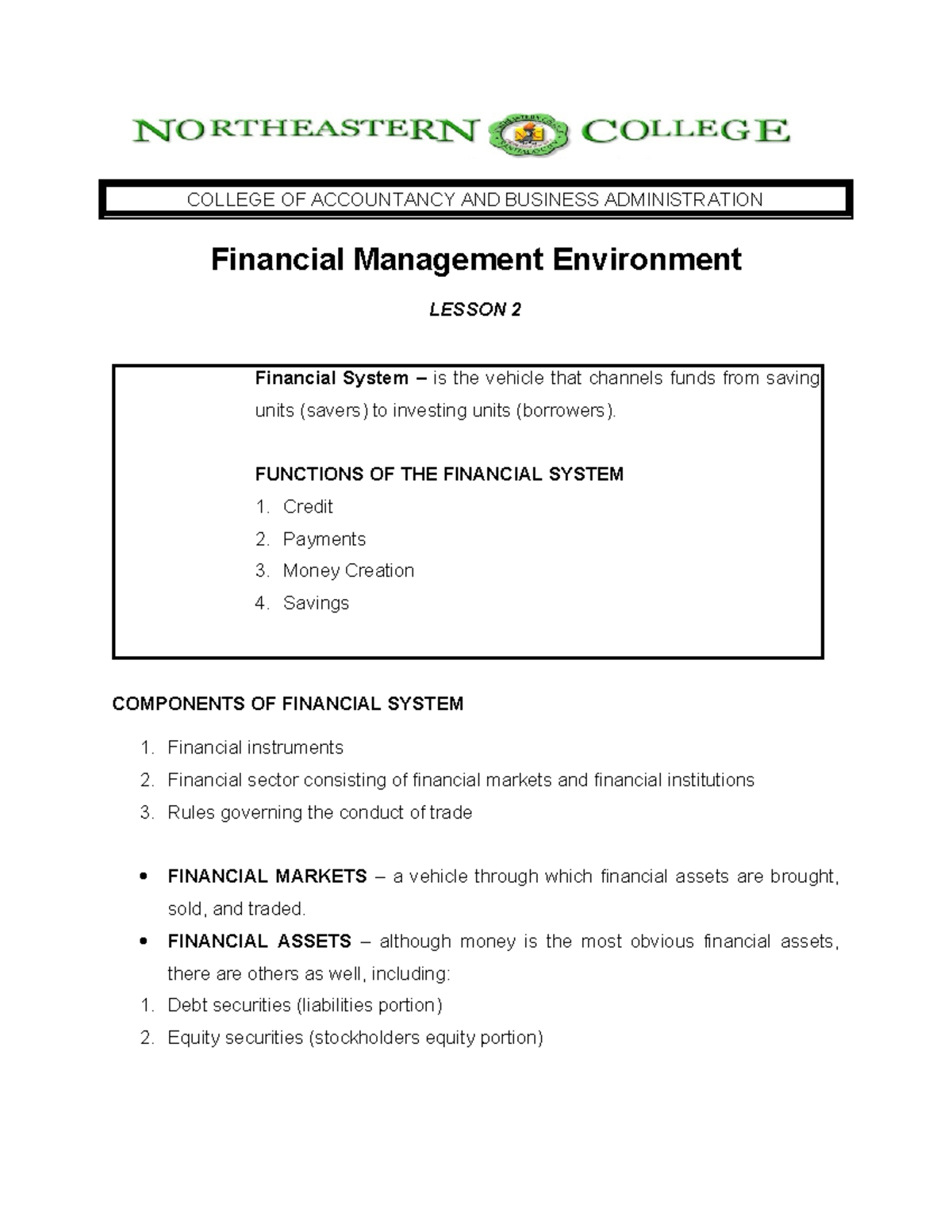 Lesson 2: Overview of Financial Management System and Markets - Studocu