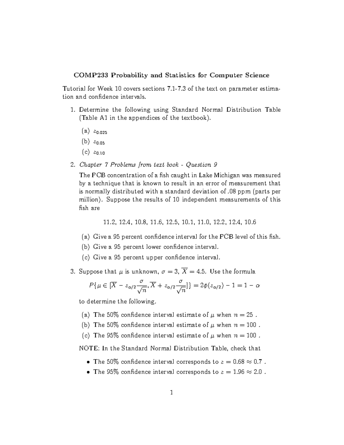 COMP233 Tutorial Week 10: Confidence Intervals & Estimation Techniques ...