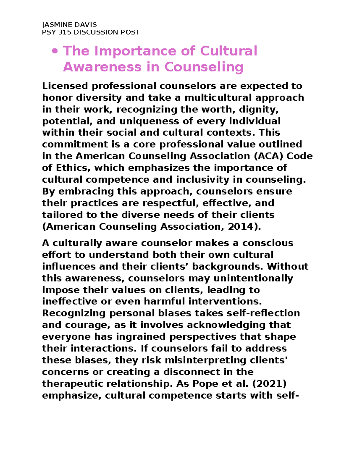 The Importance of Cultural Awareness in Counseling - PSY 315 DISCUSSION ...