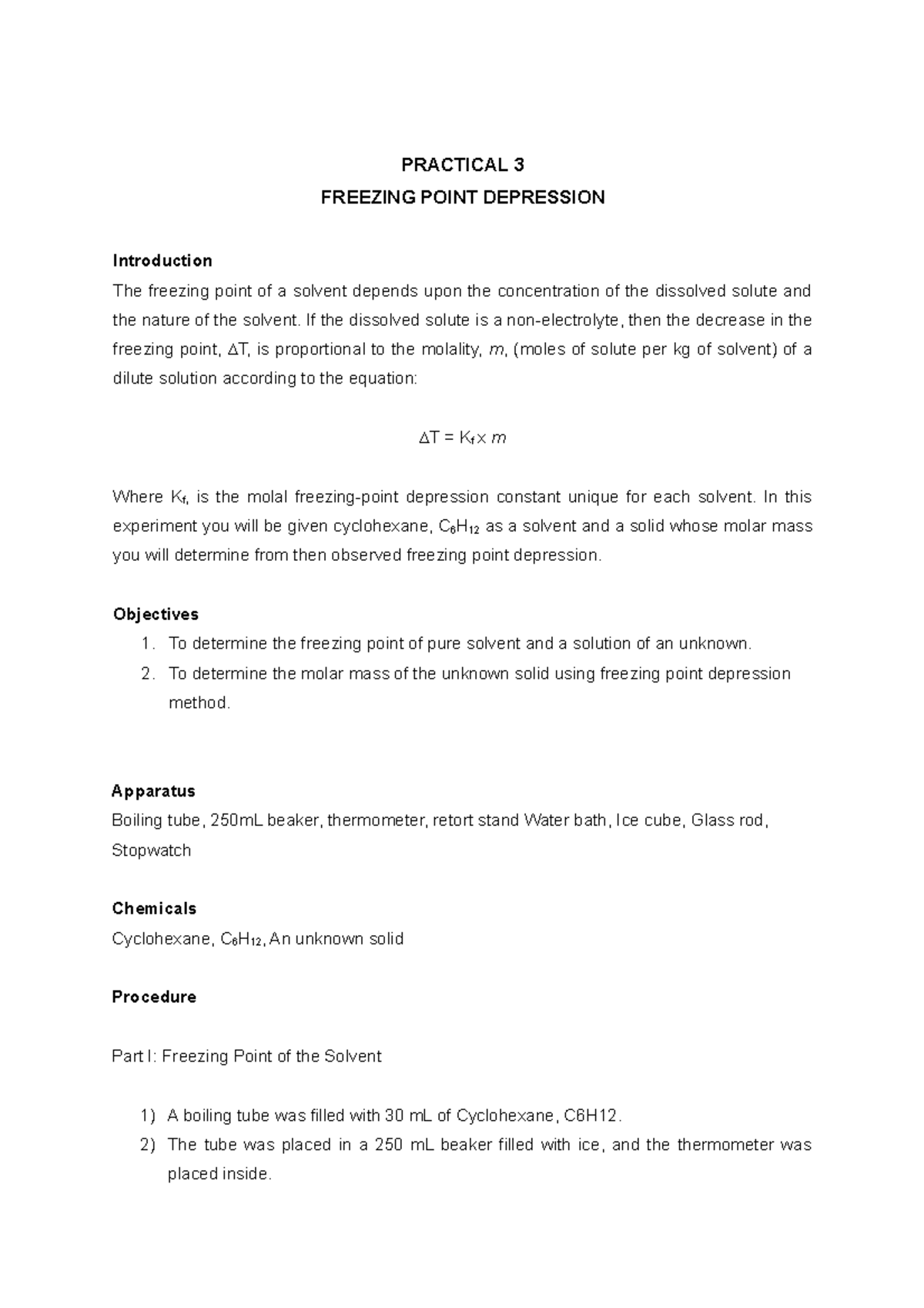 Freezing Point Depression Experiment Report - CHM271 Practical 3 - Studocu