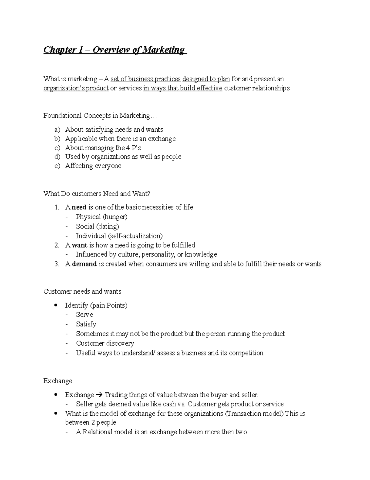 Intro to Marketing Management - Chapter 1 – Overview of Marketing What ...