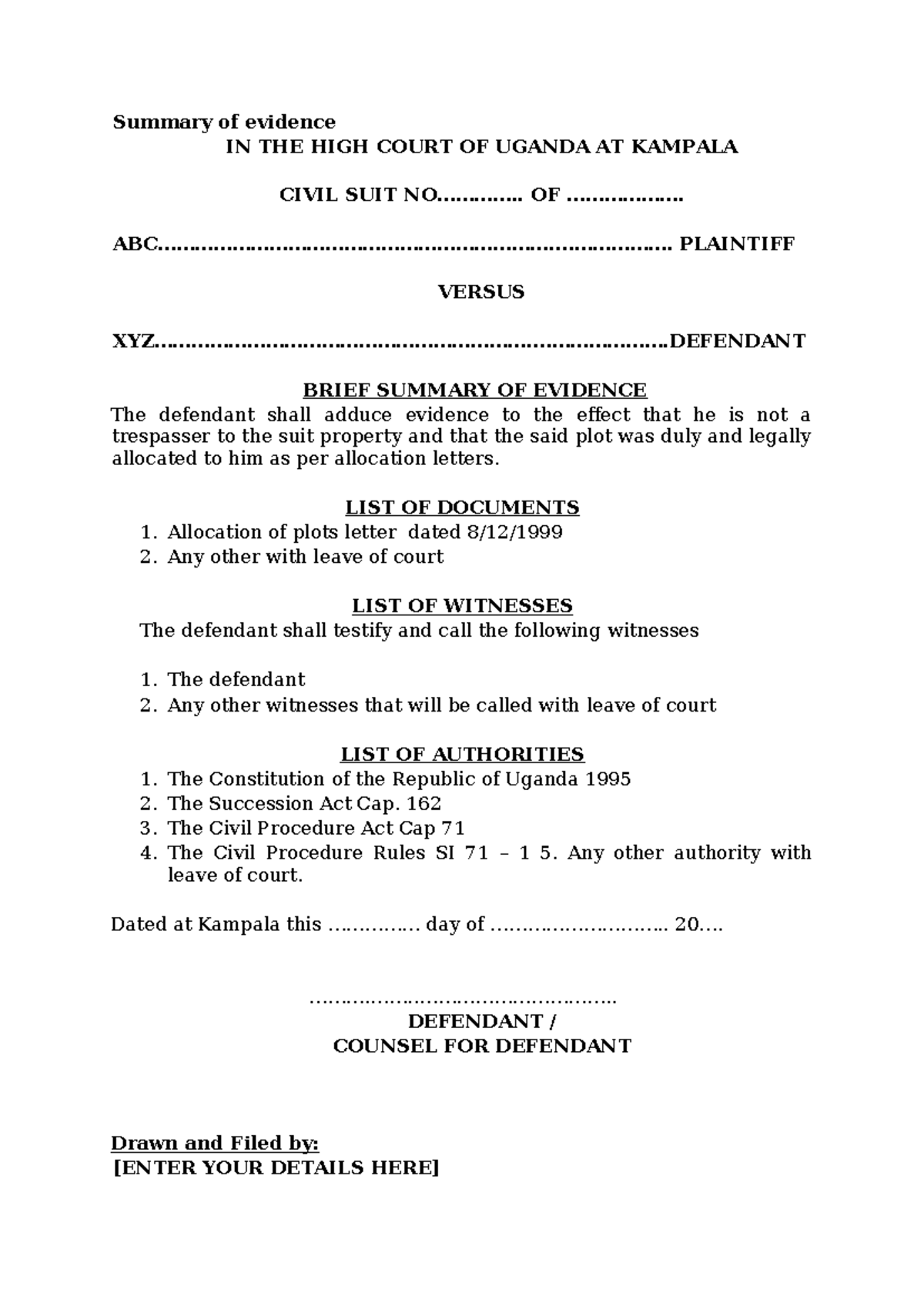 Summary of Evidence in High Court Civil Suit - Plaintiff vs. Defendant ...