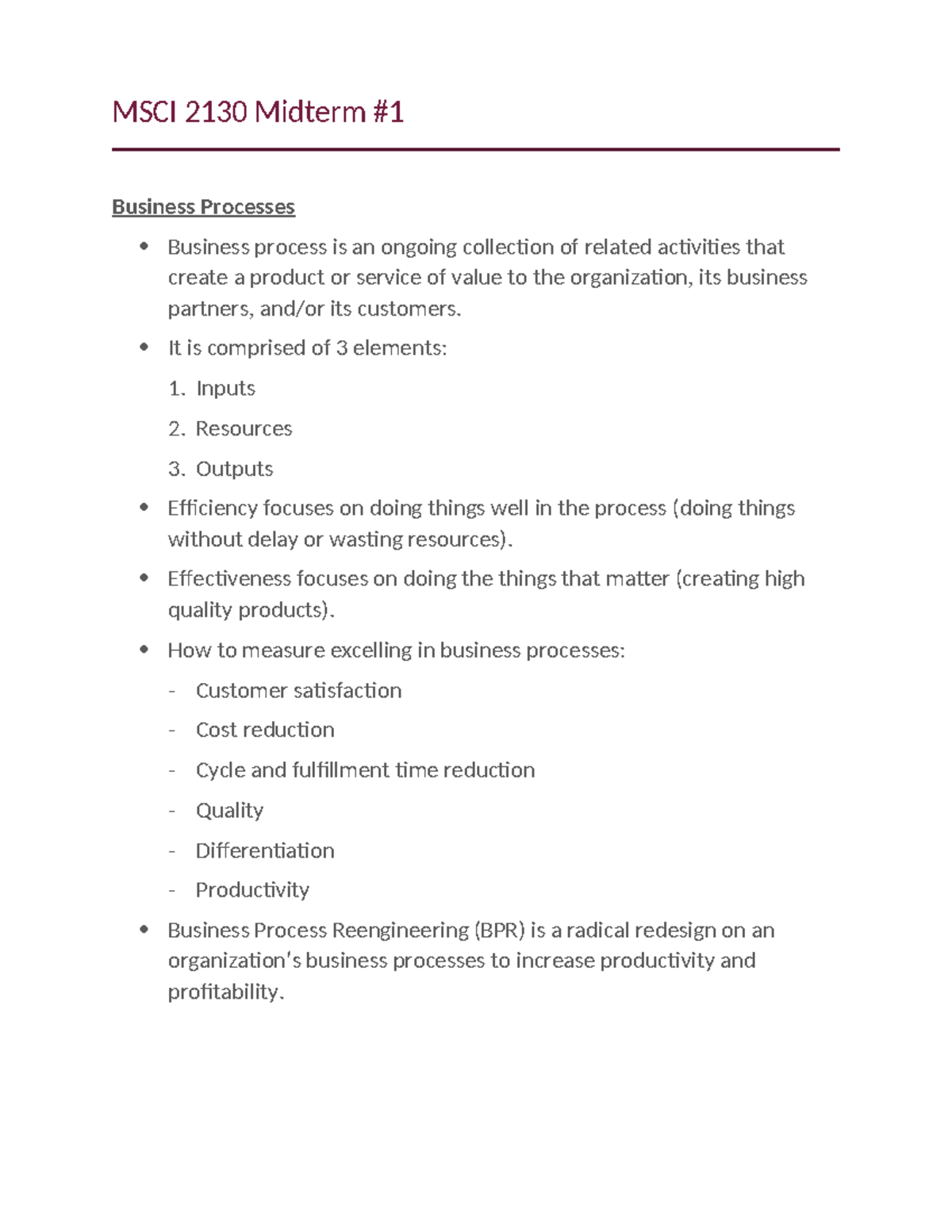 MSCI 2130 Midterm #1 - Study Guide - MSCI 2130 Midterm Business ...
