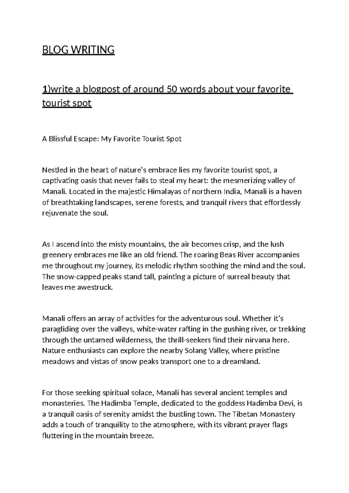BLOG Writing - essay - BLOG WRITING 1)write a blogpost of around 50 ...