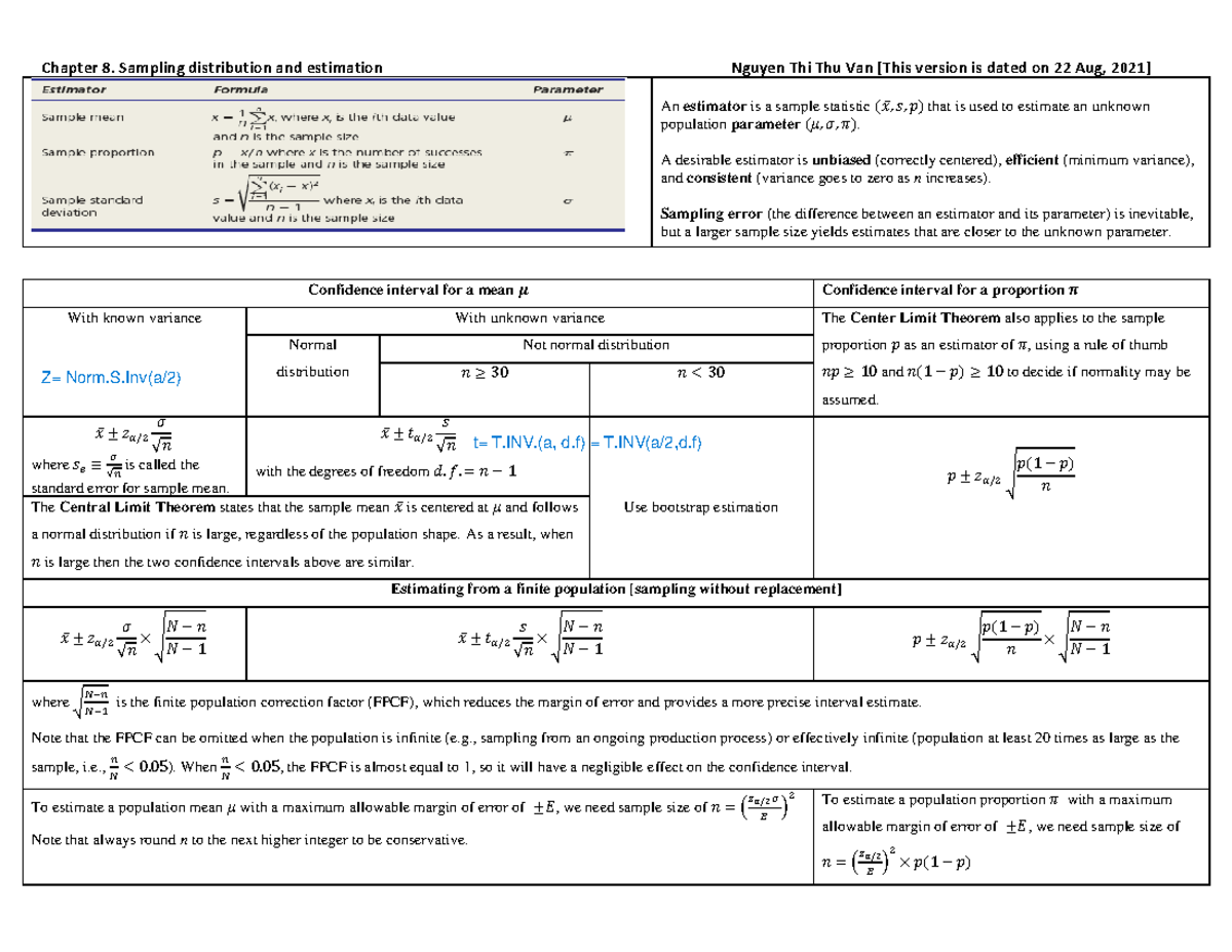 Review Chapter 8 - 12 - Chapter 8. Sampling distribution and estimation ...