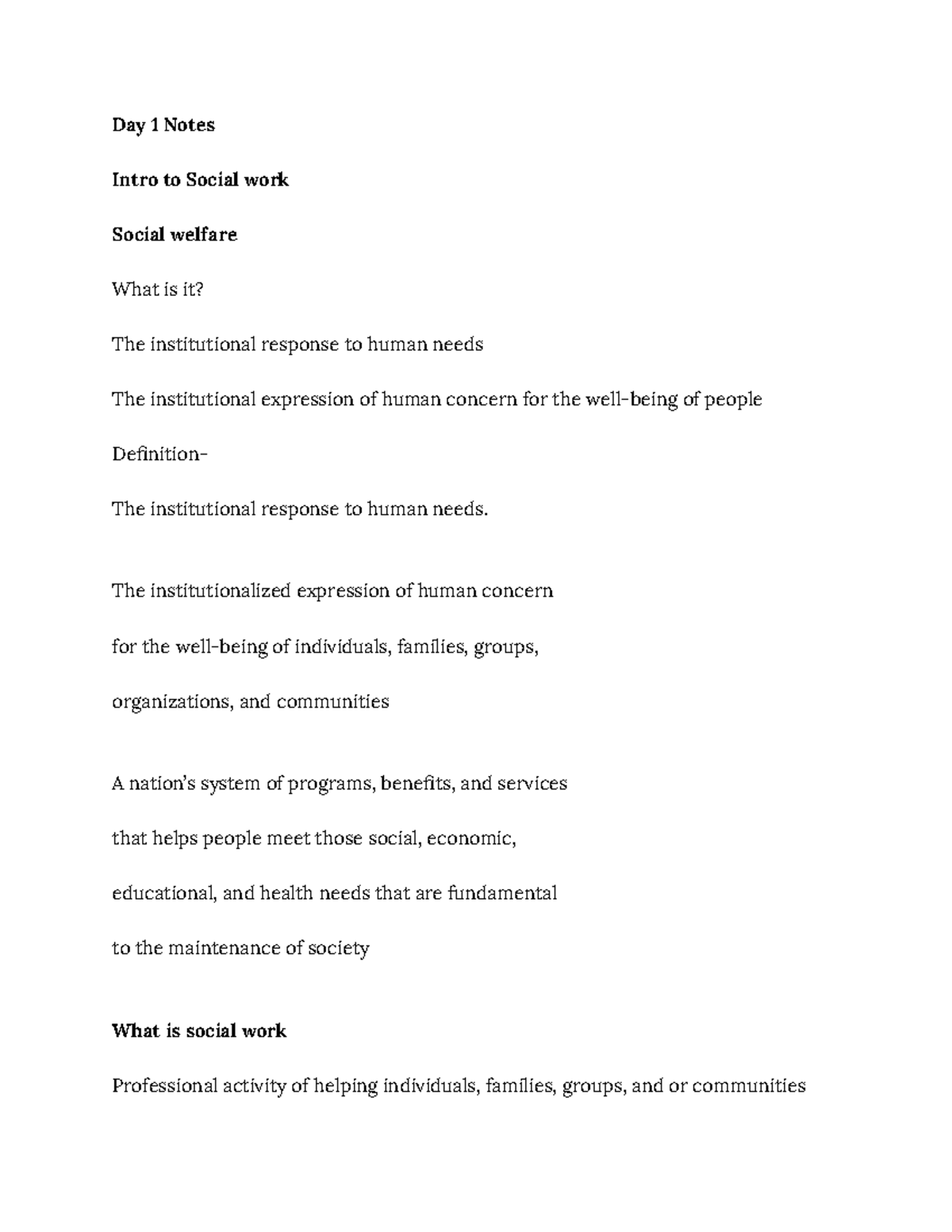 Chapter 2 Notes - SWK100 - Day 1 Notes Intro to Social work Social ...