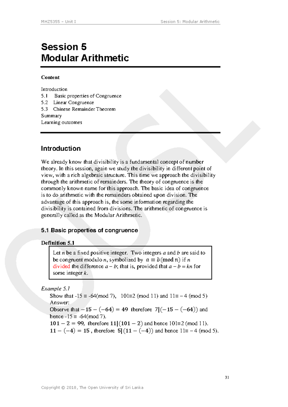 MHZ5355 Unit I Session 5: Notes on Modular Arithmetic - Studocu