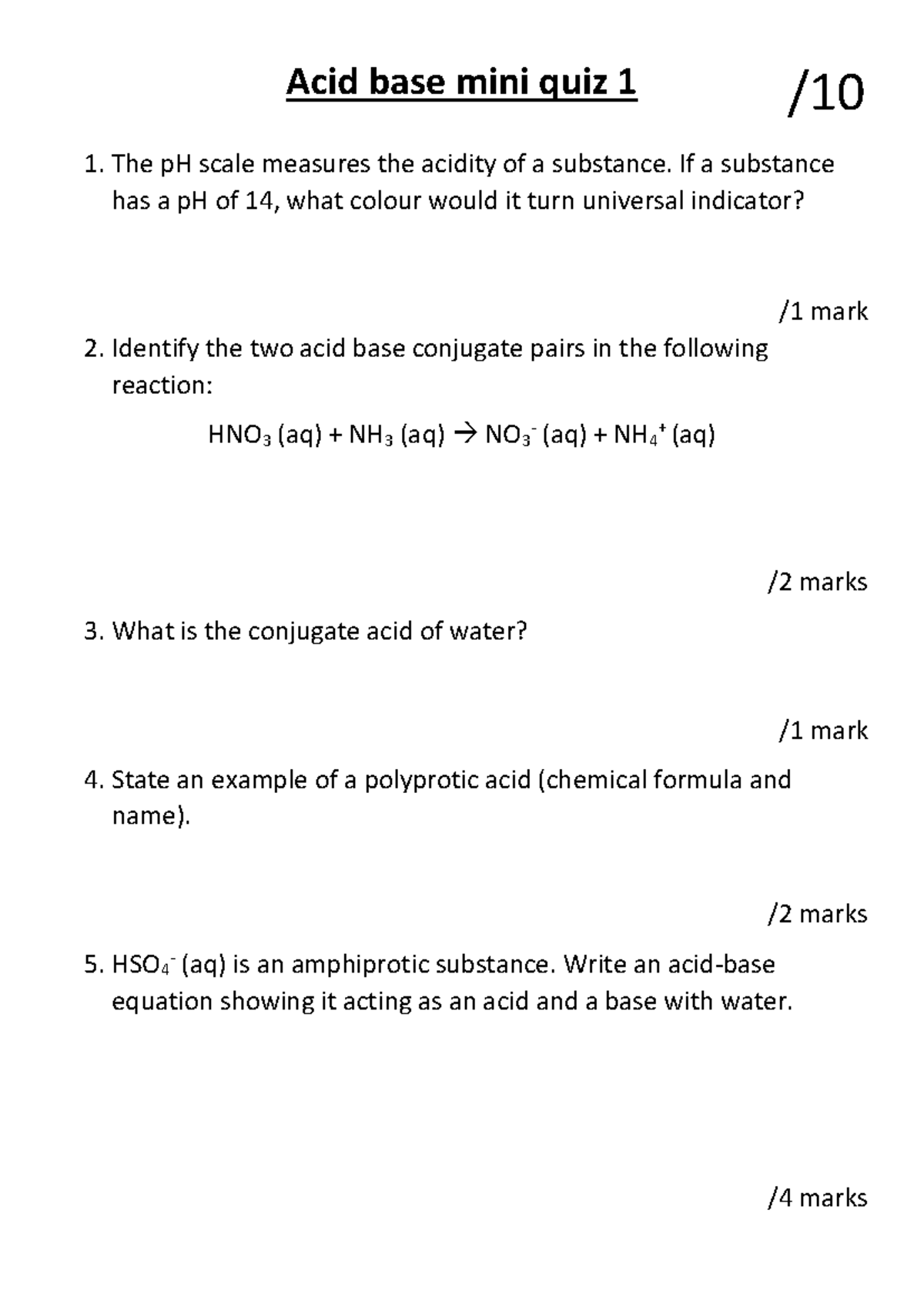 Acid-Base Mini Quiz 1 - CHEM 101 - Studocu
