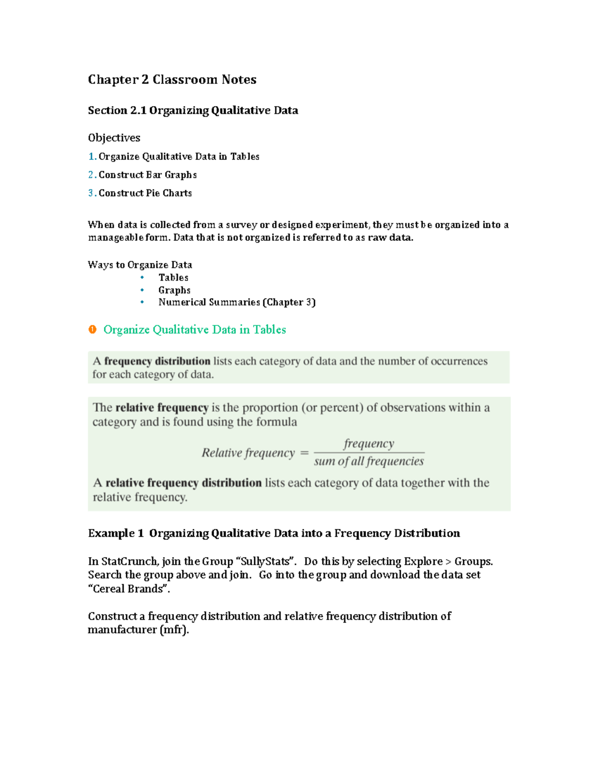 Chapter-2 Stats Notes - Chapter 2 Classroom Notes Section 2 Organizing ...
