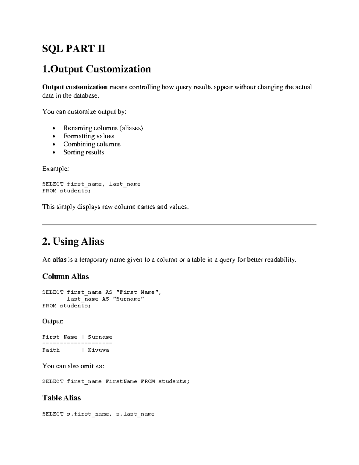 SQL PART II - Output Customization and Functions Notes - Studocu