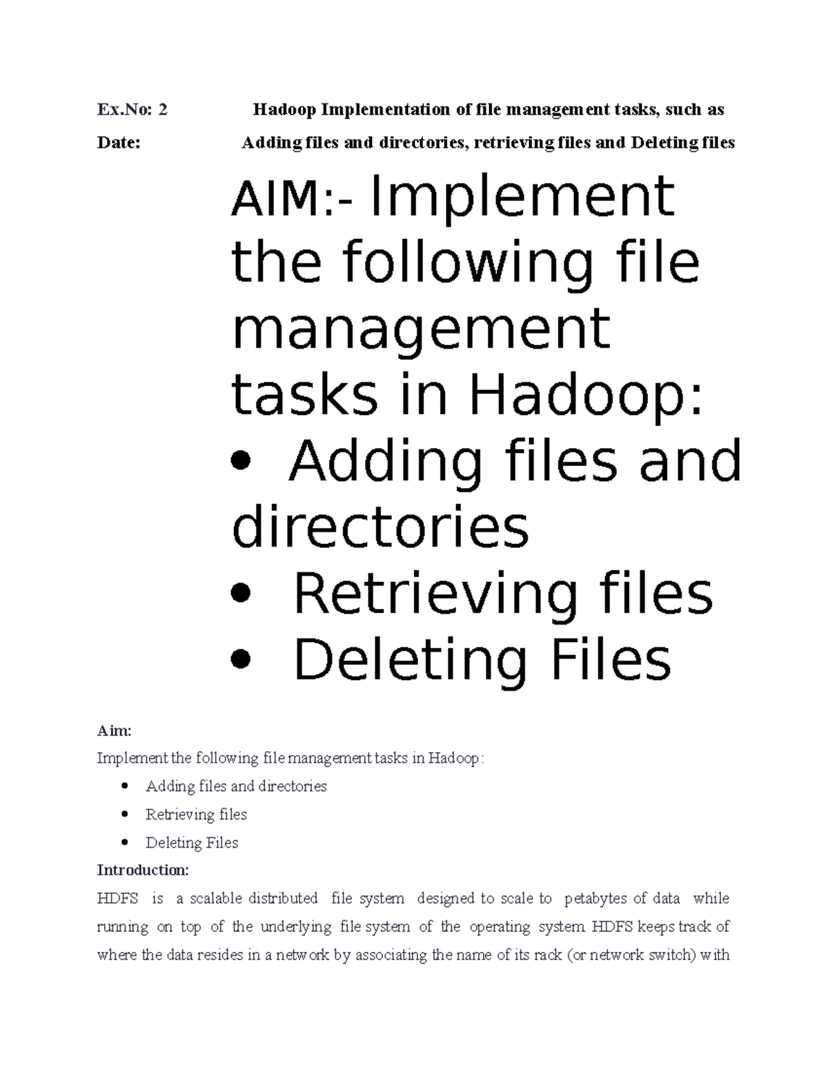 BDA Lab E2: Implementing File Management Tasks in Hadoop - Studocu