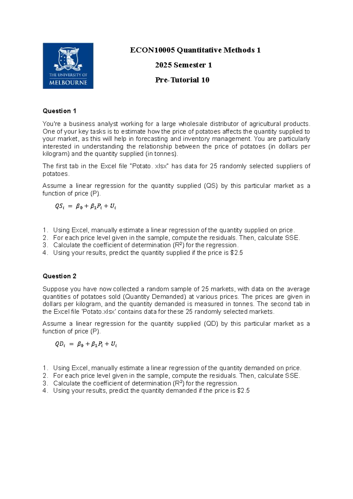 Quantitative Methods 1 2025S1 Pre-Tutorial 10: Price & Quantity ...